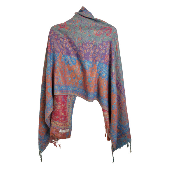 Reversible Fringe Shawl Scarf Pink Blue Paisley Metallic Thread Women's 28"x68" - Picture 1 of 10